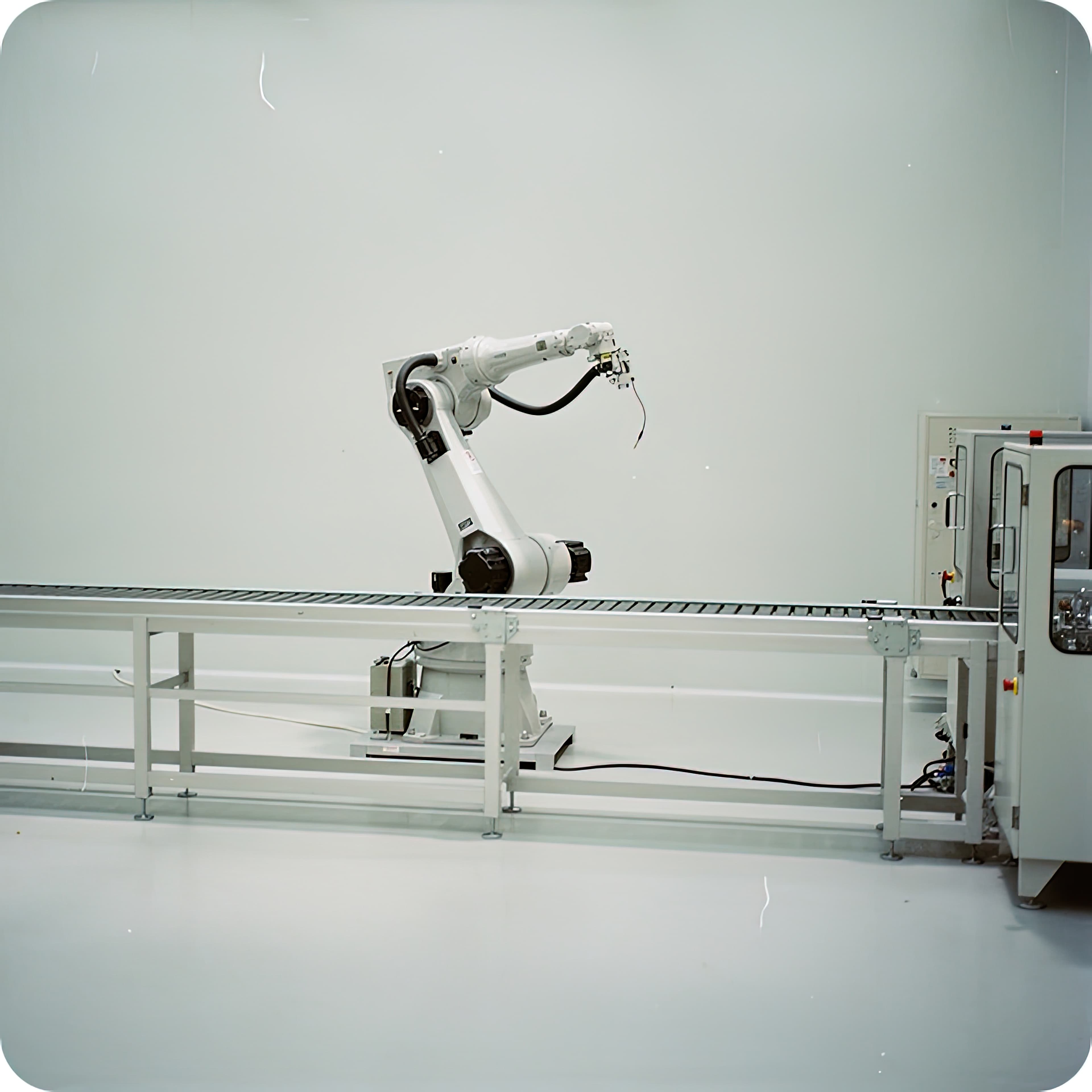 Robotic arm above a conveyor production line, representing manufacturing