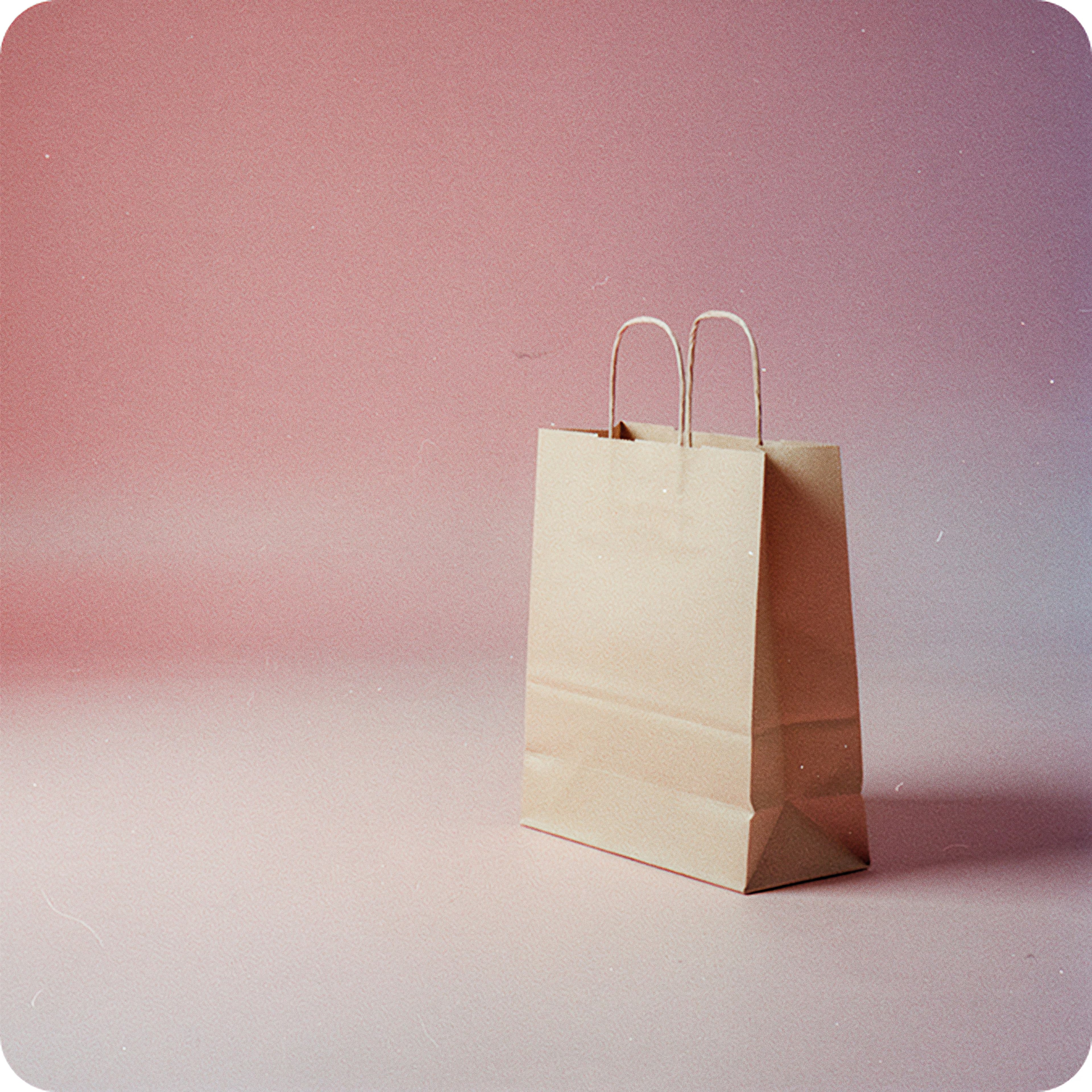 Paper shopping bag against a pink backdrop, representing retail