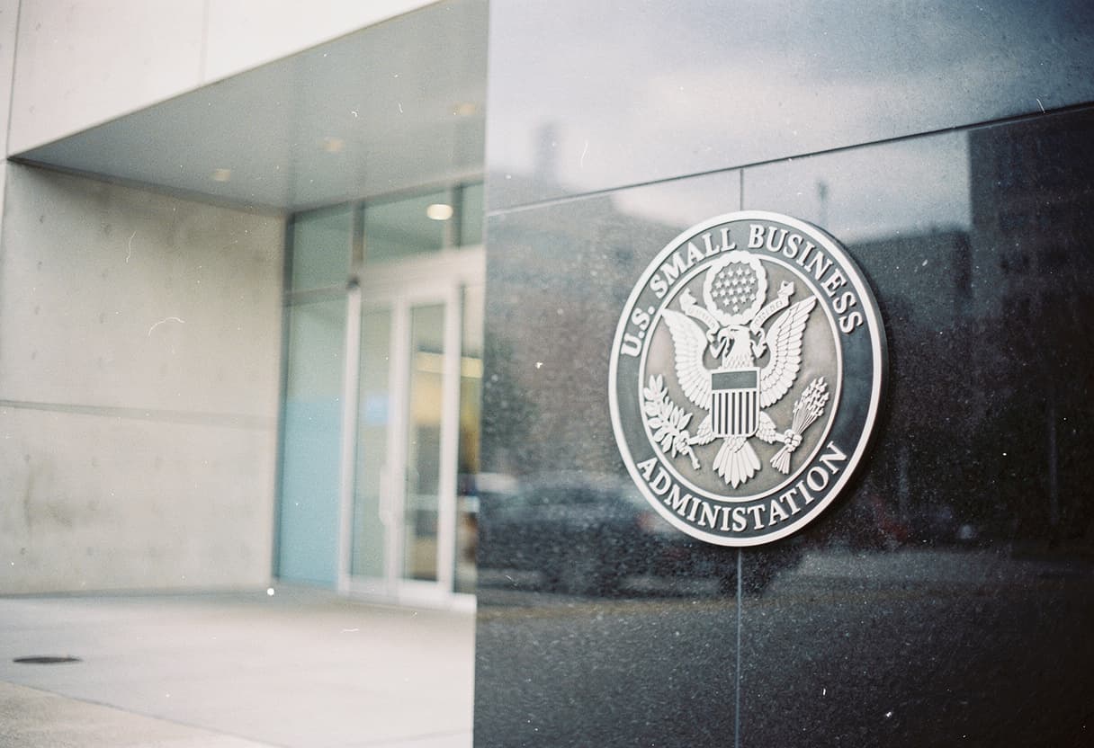 The U.S. Small Business Administration seal on a dark stone wall beside a glass entrance