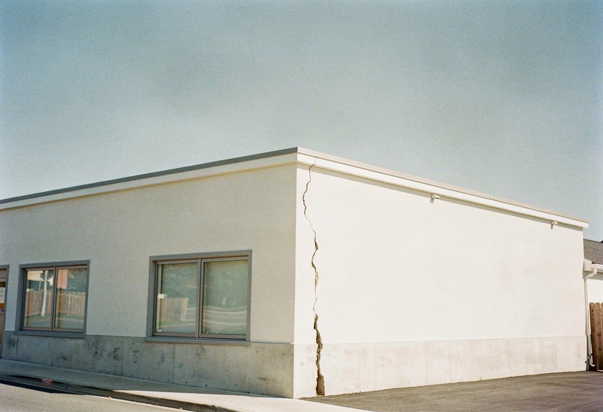 A white single-storey commercial building with a long crack running down its corner wall